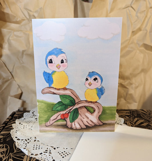 Cute kitschy greeting card - two bluebirds