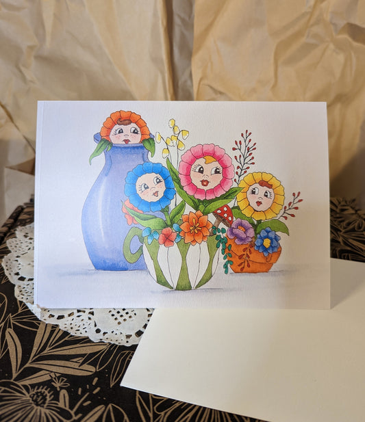 Flower faces. Kitschy anthropomorphic greeting card.